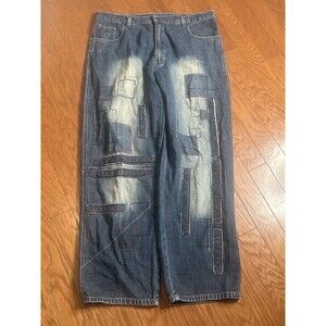 Vintage Akademiks Jeans Baggy Y2K Mens 38 Denim Patchwork Wide Leg JNCO Style